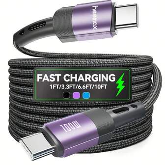 100W 最大功率快充线 PD3.0 高速 Type-C 充电线 适用于 S24 S23 Ultra S22 S21 PD 数据线 适用于荣耀手机 Type-C 转 Type-C 数据线 适用于 15/16 适用于所有 USB-C 转 USB-C 接口设备