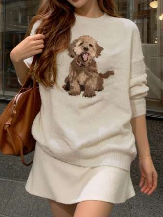 秋季女装奶油色小狗图案毛衣校服返校节可爱上衣女装 Y2k 服装街头时尚复古风女士教师装