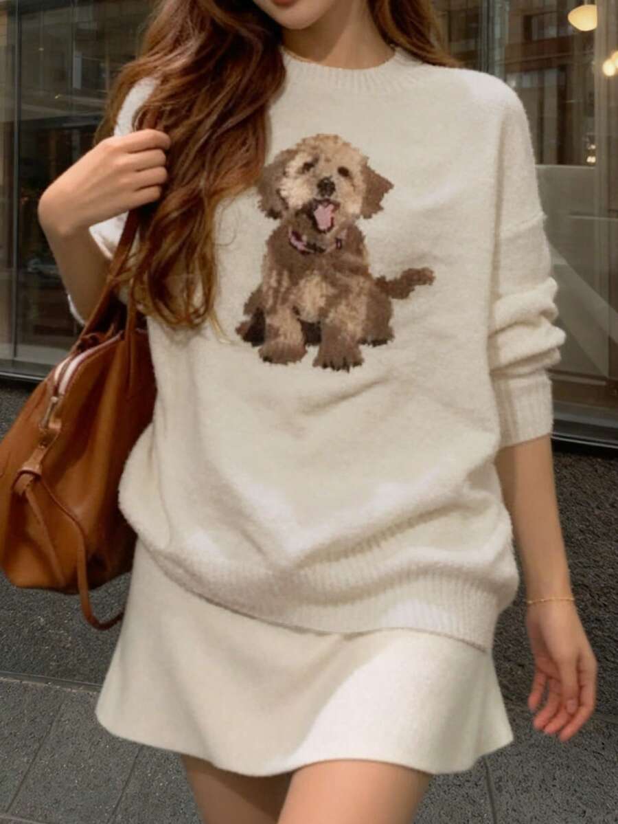 Jesienny damski sweter w kremowym kolorze z wzorem psa, odpowiedni na uczelnię, na imprezy z okazji powrotu do szkoły, uroczy top, w stylu retro w stylu Y2K, dla nauczycieli - Wielokolorowe - Zobacz 1