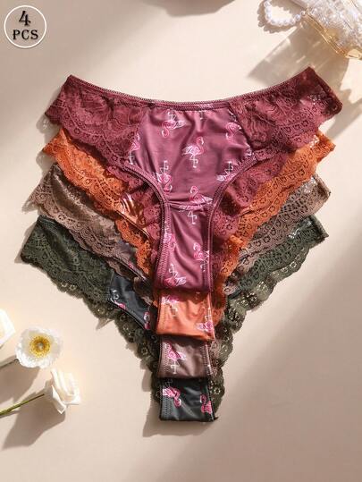 4条装女士性感蕾丝边火烈鸟印花比基尼内裤，低腰无痕，柔软舒适透气，适合瑜伽、运动和日常穿着