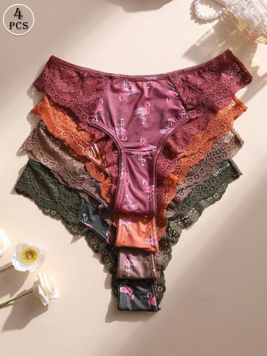 4条装女士性感蕾丝边火烈鸟印花比基尼内裤，低腰无缝，柔软透气，适合瑜伽、运动和日常穿着