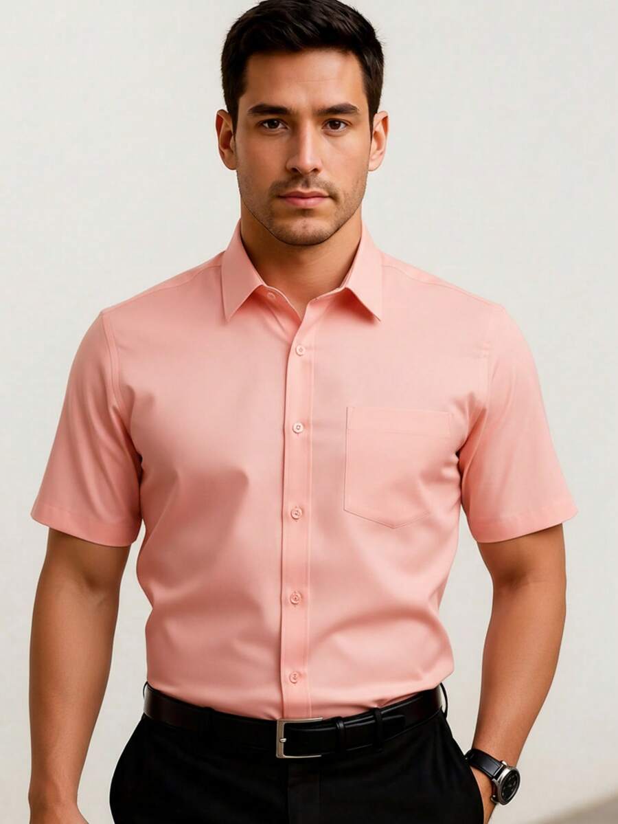 Rand paul Men's Plain Slim Fit Short Sleeve Dress Shirt With Pocket - Màu Hồng San hô - Xem 1