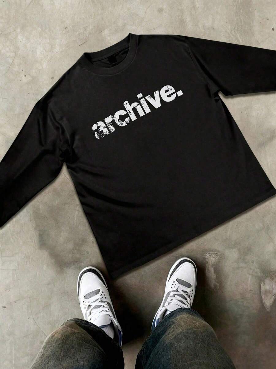 Black Crew Neck 230g Pure Cotton Long Sleeve T-Shirt, With Archive Distressed Letter Graphic Long Sleeve T-Shirt, Street Fashion, Autumn And Winter Essentials - 黑色 - 查看 1