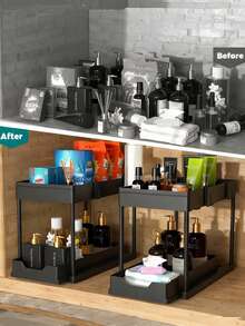 Under Sink Organizer 2 Tier Sliding Cabinet Organizers Multi-Purpose Sink Storage Basket L-Shape Narrow Space Storage Shelves For Kitchen Bathroom Drawer .2 Tier Under Sink Organizer, Bathroom Cabinet Organizer, Multi-Purpose Bath Collection Baskets For Bathroom