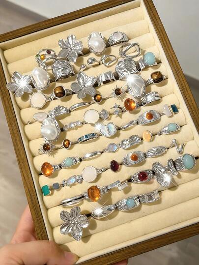 20/6pcs Vintage Elegant Bohemian Minimalist Style Silver Stackable Rings Set, Includes Flower, Bow, Irregular Pearl, Twist, Heart, Rhinestone, Moon, Star, Cross, Cat Eye Stone Designs, Suitable For Women, Festivals, Parties, Dates, Daily Wear, Gifts (Random Assortment)