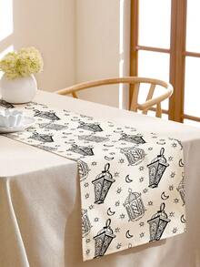 1pc Middle Eastern Ramadan Star & Crescent Lantern Print Linen Table Runner, Suitable For Festivals, Parties, Birthdays, Dinners, Kitchen & Dining Room Decor, Shoe Cabinet & Storage Cover, All Season Home & Textile Decoration - Black and White - View 1