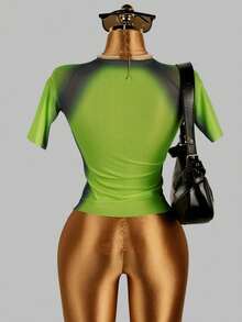 夏季时尚露脐印花T恤，复古印花网眼拼接上衣，女士休闲款 - 青檸色 - 查看 4