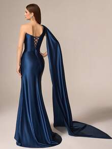 VIPGIRL 优雅奢华女士不对称领口无袖连衣裙，胸部饰有褶裥细节，高开衩设计，采用弹力针织面料制成。 - 寶藍色 - 查看 5