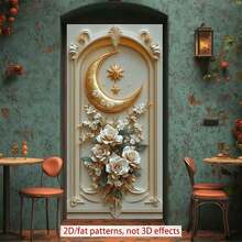 2D Polyester Ramadan Door Banner 1pc Exquisite Wall - Art: Golden Crescent Moon With Stars And Elegant Floral Arrangement Eid Al-Fitr Photo Props And Supplies, Suitable For Muslim Ramadan And Eid Al-Adha Celebrations, Islamic-Themed Holiday Decorations
