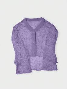 Top Yuwenier Sexy com Decote em V Profundo, Vazado, Transparente, em Crochê com Lantejoulas, Botões Frontais, Manga Morcego, Longo e Solto, Ideal para Uso Casual e Diário. - Roxa - Ver 6