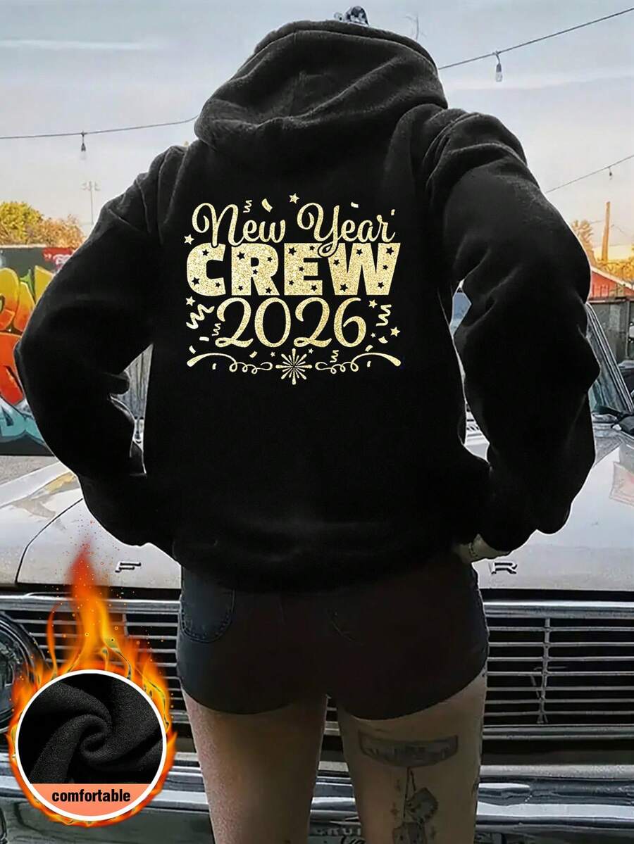 Sudadera informal de manga larga con capucha para mujer, confeccionada en tejido de punto, con cordón ajustable y estampado gráfico. Diseño de hombros caídos y largo estándar. - Negro - Ver 1