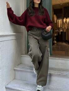 FOR BEAUTY 女士宽松圆领高端针织毛衣，新款秋冬套头长袖休闲/工作毛衣上衣，适合新年穿着 - 早紅 - 查看 2