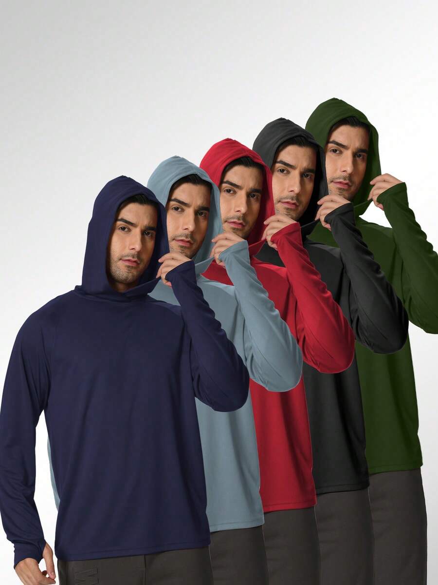 HOPLYNN 5 Pack Men's Performance Hooded Long-Sleeve: Ultra-Lightweight & Quick-Dry Fabric For Running, Gym & Outdoor Adventures - 彩色 - 查看 1
