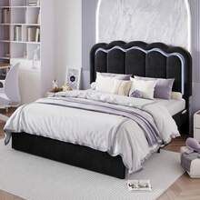 SHA CERLIN Estructura de cama tapizada de tamaño individual/doble/queen con luces LED, cabecero ajustable de terciopelo con diseño ondulado, sin ruido, plataforma de cama de listones de madera, fácil montaje, sin necesidad de caja de resortes, color negro - Negro - Ver 1
