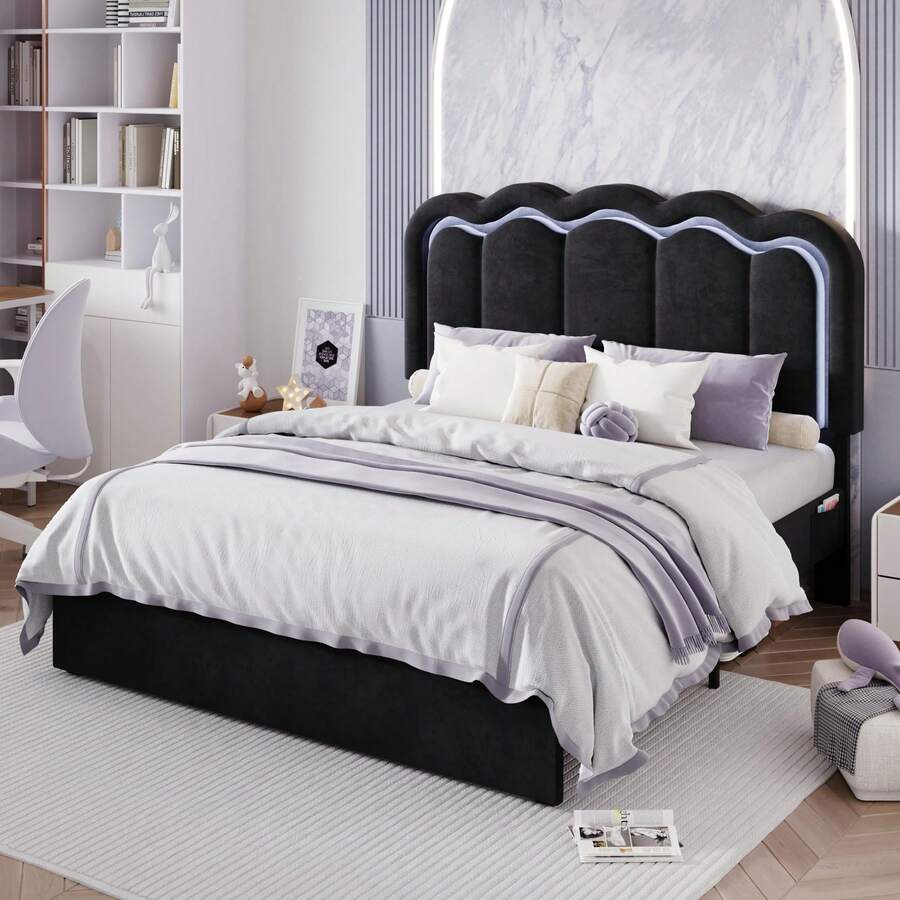 SHA CERLIN Estructura de cama tapizada de tamaño individual/doble/queen con luces LED, cabecero ajustable de terciopelo con diseño ondulado, sin ruido, plataforma de cama de listones de madera, fácil montaje, sin necesidad de caja de resortes, color negro - Negro - Ver 1