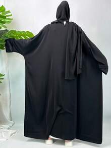 Pretty Fashion Muslim Dress Bell Sleeve Black Abaya Modest Women Kimono Robe With Scarf - Black - View 2