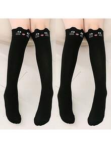 2 Pairs Girls Cute Black Cat Knee High Socks, Girls Soft Comfortable Thigh High Leg Stockings, Suitable For Casual Daily Wear - Multicolor - View 6