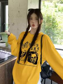 复古美式肖像字母印花休闲长袖T恤，女士款，甜美风格，适合秋冬季节。 - 黃色 - 查看 7