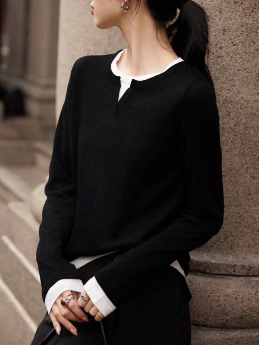 女士黑色二合一毛衣，长袖针织上衣，质感高级，可作内搭，秋冬季穿着