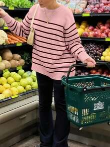 بلوفر كاجوال نسائي مضلع منسوج بأكمام طويلة كنزة صوفية بزخرفة عصرية Y2K بأكتاف منسدلة، ياقة دائرية بطوق واسع، مناسب للخريف والشتاء