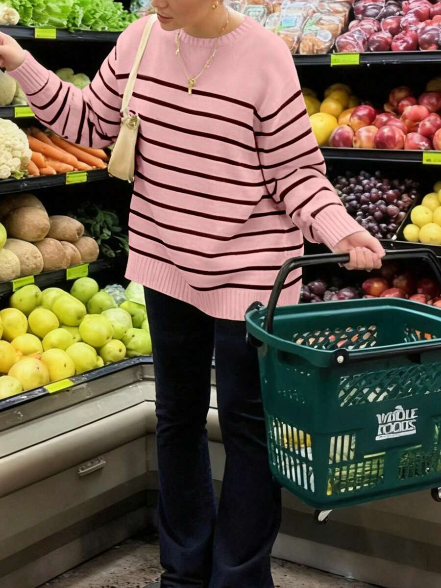 بلوفر كاجوال نسائي مضلع منسوج بأكمام طويلة كنزة صوفية بزخرفة عصرية Y2K بأكتاف منسدلة، ياقة دائرية بطوق واسع، مناسب للخريف والشتاء