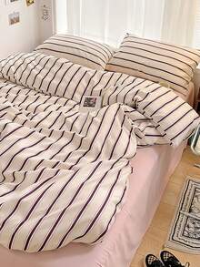 3pcs 100% Polyester Retro Red Striped Minimalist Duvet Cover Set, 2 Pillowcases + 1 Duvet Cover (No Bed Sheet) - Multicolor - View 4