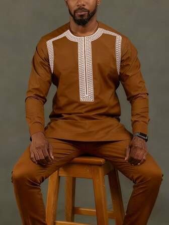 Dashiki 2 Pieces Elegant Luxury Kaftan Suit For Men Long Sleeve Embroidered Shirt And Casual Pants Suit Festive Wedding Suit For Men