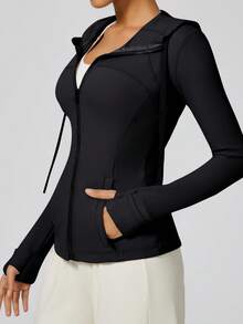 NcmRyu 1pc Women's Elastic Fitted Zip Side Pocket Drawstring Hooded Thumb Hole Long Sleeve Sports Jacket - Black - View 6