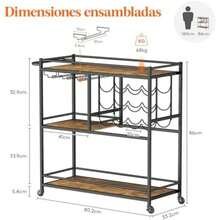 Lifewit Carrito Auxiliar, Barra de 3 Niveles con Ruedas bloqueables, Capacidad para 12 Botellas y Soportes para Vasos, Ideal para Cocina, Comedor y Sala de Estar, 80,2 x 33,2 x 86 cm,(Marrón rústico) - Multicolor - Ver 5
