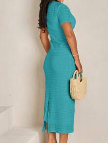 Unadoll Women's Short Sleeved Round Neck Zipper, Fake Buckle Design, Slit, Elegant Winter Dress, Suitable For Dates, Commuting, Weddings, Christmas, Thanksgiving Wearing Day, Short Sleeved Solid Color Dress - Teal Blue - View 7