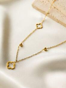 1 pezzo Collana a girocollo con ciondolo a quadrifoglio placcato oro 18K, design minimalista alla moda con perline, resistente alla scolorimento - Dorato - Visualizzare 2