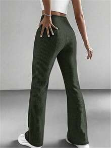 Women's Solid Color Ribbed Elastic Waist Elegant Pants - Army Green - View 2