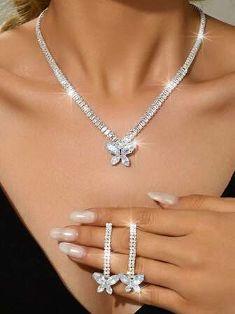 2pcs Shiny White Butterfly Rhinestone Necklace & Earrings Set, Glamorous Jewelry Accessories For Women Party Dress