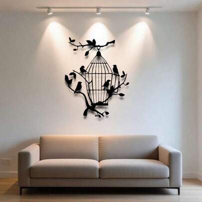 Hello Young 1件精美金属墙饰 - 复古风格鸟笼，鸟儿栖息其中，现代简约铁艺壁挂，适用于房间、墙面、家居、浴室、咖啡厅、婚礼等场所。