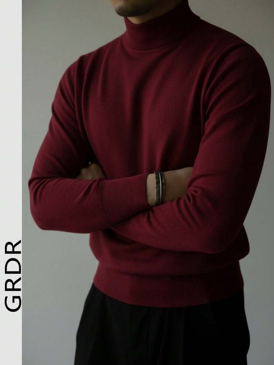GRDR Men's Regular Shoulder Long Sleeve High Neck Sweater, Versatile For Daily Wear Knitted Pullover