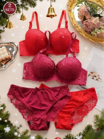 2pcs/Set 4pcs Women's Lingerie Set, Lace Bra & Panty, Underwire Non-Removable Padded, Adjustable Straps, Seamless Hipster Briefs