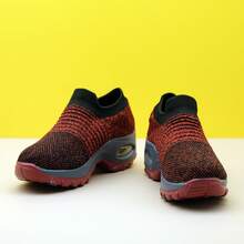 Zapatillas casuales acolchadas de color rosa para mujer, zapatos tipo calcetín de punto sin cordones, zapatos de baile transpirables - Rojo - Ver 2