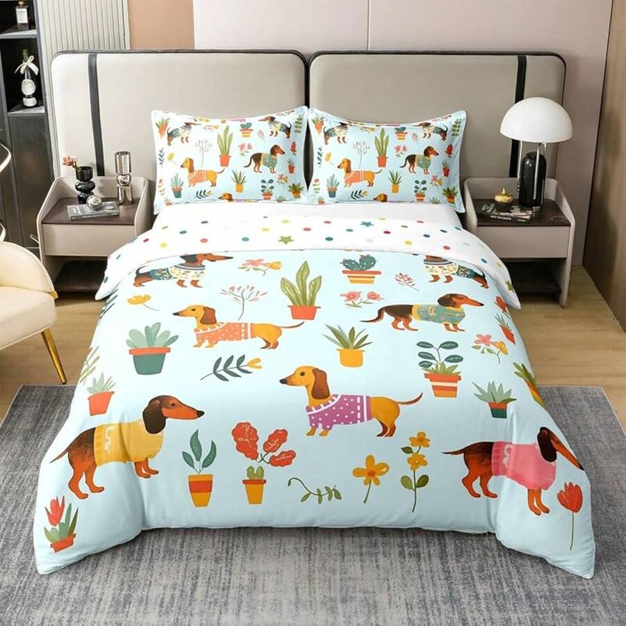 % Cotton Pink Dachshund Comforter Cover, Flower Floral Bedding Set, Kawaii Sausage Dog Duvet Cover, Lovely Puppy Quilt Cover, Soft Comfy, Dachshund Bedding - Blue Red - 查看 1