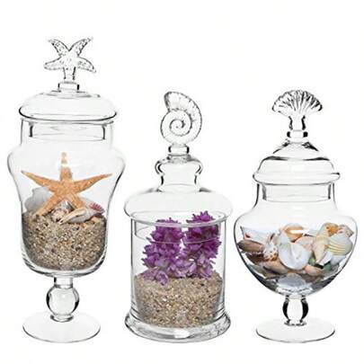 MyGift Juego de 3 tarros de Botes de Vidrio Transparente con manija Seashell/recipientes de Almacenamiento de Alimentos/centros de Mesa Decorativos