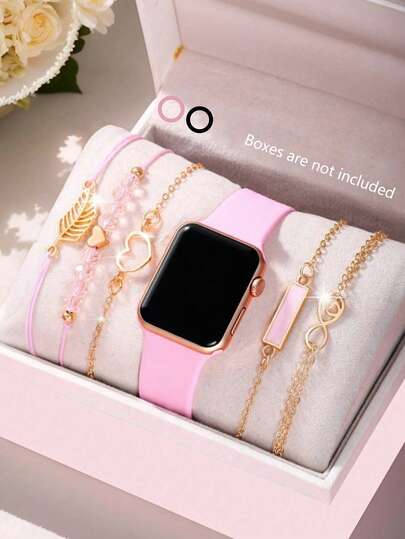 6pcs/Set Girls Minimalist Fashion Square Digital Display Electronic Watch, Paired With Delicate Leaf-Shaped Bracelet Set, Suitable For Middle And Primary School Students, Ideal Gift For Birthday, School Events, Gatherings, And Travel Essentials