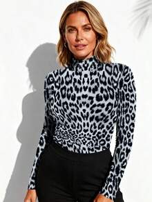 Blusa de cuello alto de manga larga con estampado de leopardo para mujer, suéter ajustado, capa base de alta elasticidad, camiseta regular - Multicolor - Ver 1
