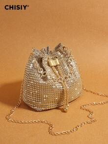 Handmade High-End Metallic Bracelet With Rhinestones, Luxurious Gold PVC & Fabric Fashion Bucket Bag, Elegant Large Capacity Women's Commuter Bag, Versatile Minimalist Handbag, Suitable For Halloween, Christmas, Office, Shopping, Travel, Formal Events, Autumn/Winter - 金色 - 查看 3
