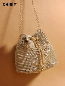 Handmade High-End Metallic Bracelet With Rhinestones, Luxurious Gold PVC & Fabric Fashion Bucket Bag, Elegant Large Capacity Women's Commuter Bag, Versatile Minimalist Handbag, Suitable For Halloween, Christmas, Office, Shopping, Travel, Formal Events, Autumn/Winter - 金色 - 查看 4