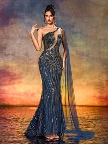 Váy dạ hội đính cườm sequin một bên vai thanh lịch với dây đeo dài bồng bềnh thích hợp cho các buổi lễ trao giải, tiệc tối trang trọng, v.v. - Màu xanh hải quân - Xem 6