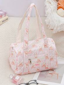 1 Piece Pink Strip Print Boston Bag Foam Quilted Tote Bag Large Capacity Travel Shoulder Bag Cute Cartoon Bear Pattern Shopping Tote Bag  Portable Travel Essentials Storage Bag Multi-Pocket Gym Bag Soft Fabric Cosmetics Storage Bag Fashionable Travel Makeup Handbag Multi-Functional Items Organizer Bag Gym Bag Ladies Accessories Travelling Stuff School Supplies Back To School Gifts Christmas Gift - 粉紅色條紋小熊 - 查看 5