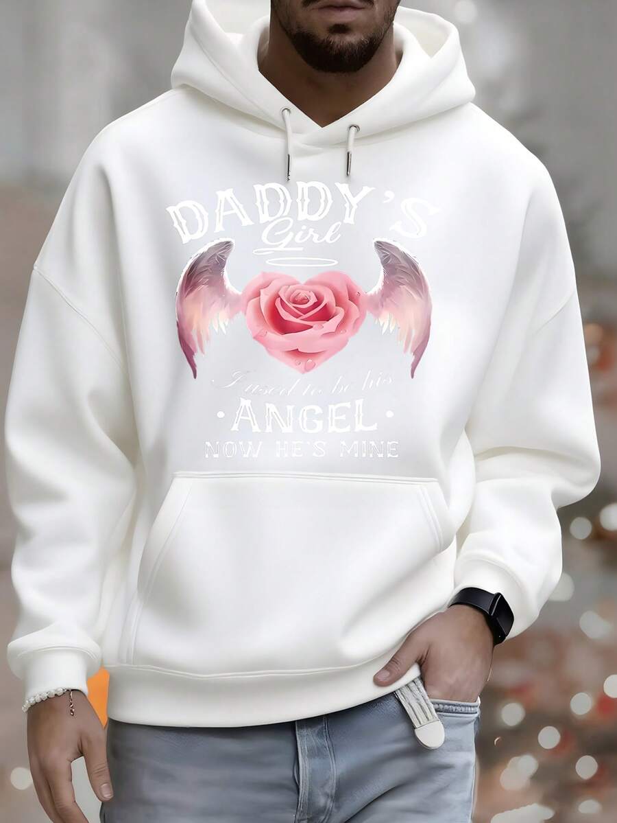 Daddy's Girl I Used To Be His Angel Now He's Mine Men's Hoodie With Rose Wing Print, Versatile Autumn And Winter Casual Top, Suitable For Leisure And Sportswear, Fashion Gift, Best Choice For Holiday Gifts. - 白色 - 查看 1