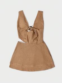 Vestido Curto Elegante e Sexy Yuwenier com Decote Drapeado, Decote em V Profundo, Contas e Costas Abertas, com Recortes Laterais, Vestido de Praia para Mulheres - Caqui - Visão 7