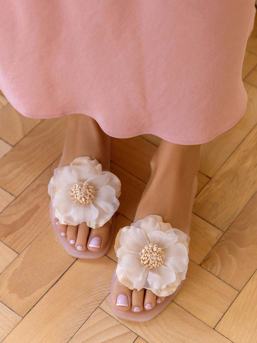 Summer Flat-Soled Slides With Decorative Flower - Nude - View 1