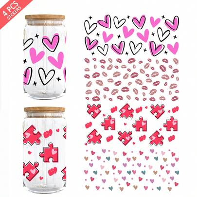 4 piezas Envoltura de taza con tema de corazón y rosa para el Día de San Valentín para vasos Libbey de 16 oz - Pegatina de transferencia de cristal 3D resistente al agua para manualidades DIY, tazas, portátiles