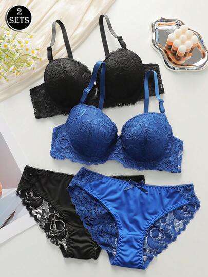 2件/套 4件套 欧美风女士内衣套装，超细纤维蕾丝文胸，带不可拆卸衬垫罩杯、可调节肩带和低腰三角裤